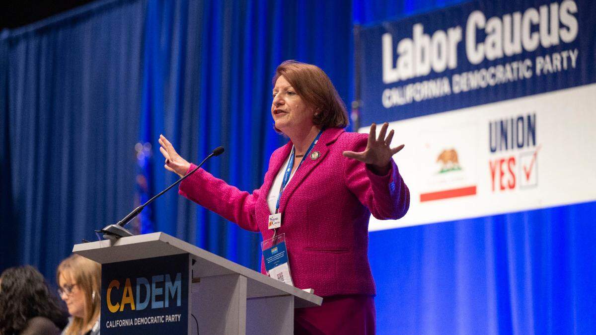 Senate President pro Tempore Toni G. Atkins, D-San Diego, speaks to the labor caucus at the California Democratic Party fall endorsing convention on Friday, Nov. 17, 2023, at SAFE Credit Union Convention Center in Sacramento.