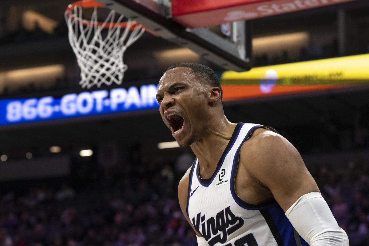 Sacramento Kings guard Russell Westbrook (18) yells at a referee during a game at Golden 1 Center in Sacramento on Sunday, Jan. 4, 2026.