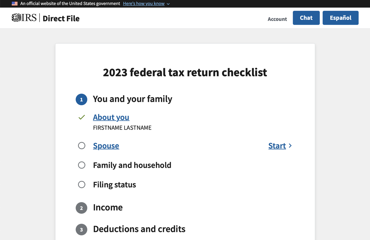 A screenshot of the IRS Direct File pilot program shows examples of information users will have to enter, including: information about you and your family, income, and deductions and credits.