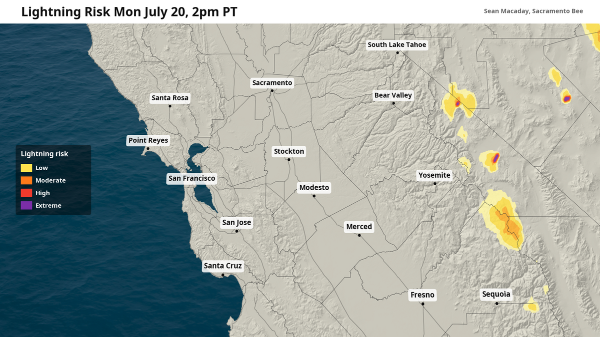 Flood Watch, lightning risk as monsoon storms target Sierra Nevada Monday-Tuesday