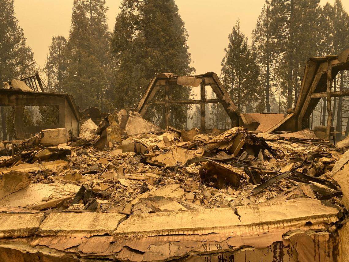 The remains of Charles and Diane Makin’s home in Grizzly Flats after the Caldor Fire swept through the neighborhood.