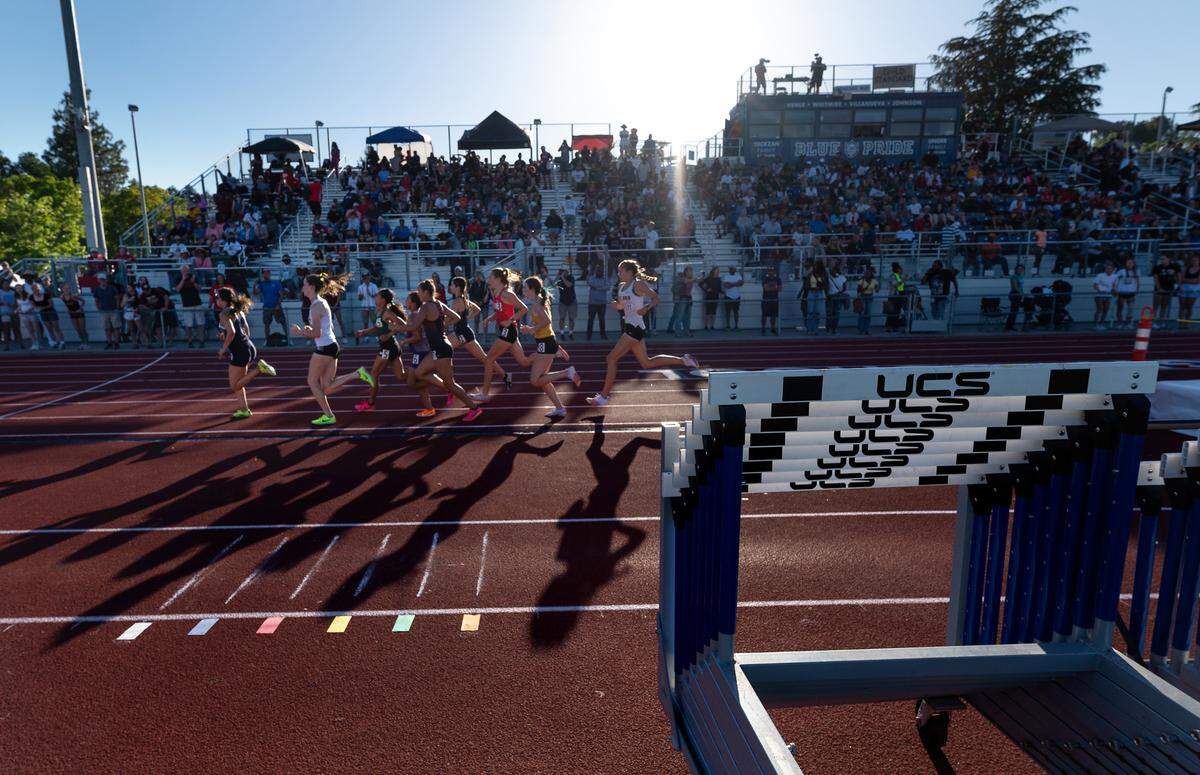 Girls compete in the 800 meter race in the CIF Sac-Joaquin Section Masters track finals at Davis High School in Davis, Calif., Saturday, May 20, 2023.