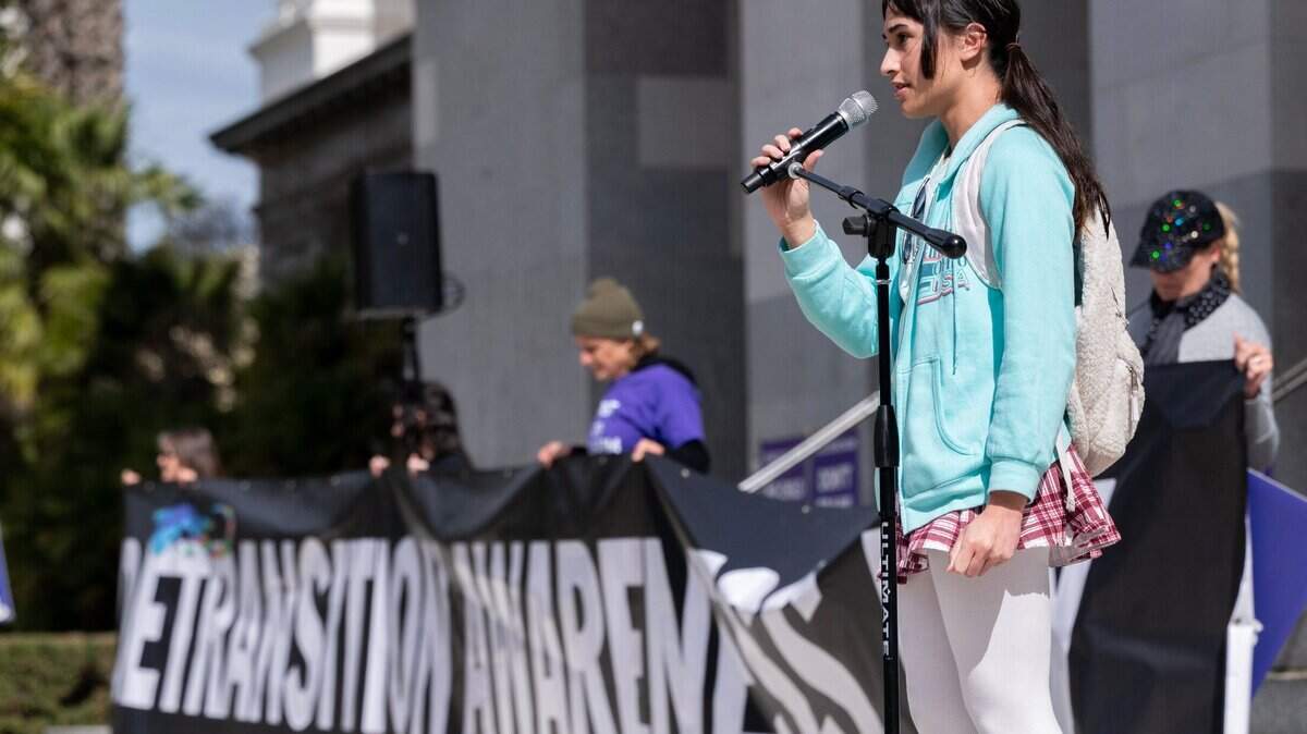 Chloe Cole, 18, of Manteca, California, speaks about gender transition during “De-transition Awareness Day” rally at the state Capitol in Sacramento, California, in 2013. Cole sued Kaiser Permanente, alleging that the health provider inappropriately gender-transition treatment.