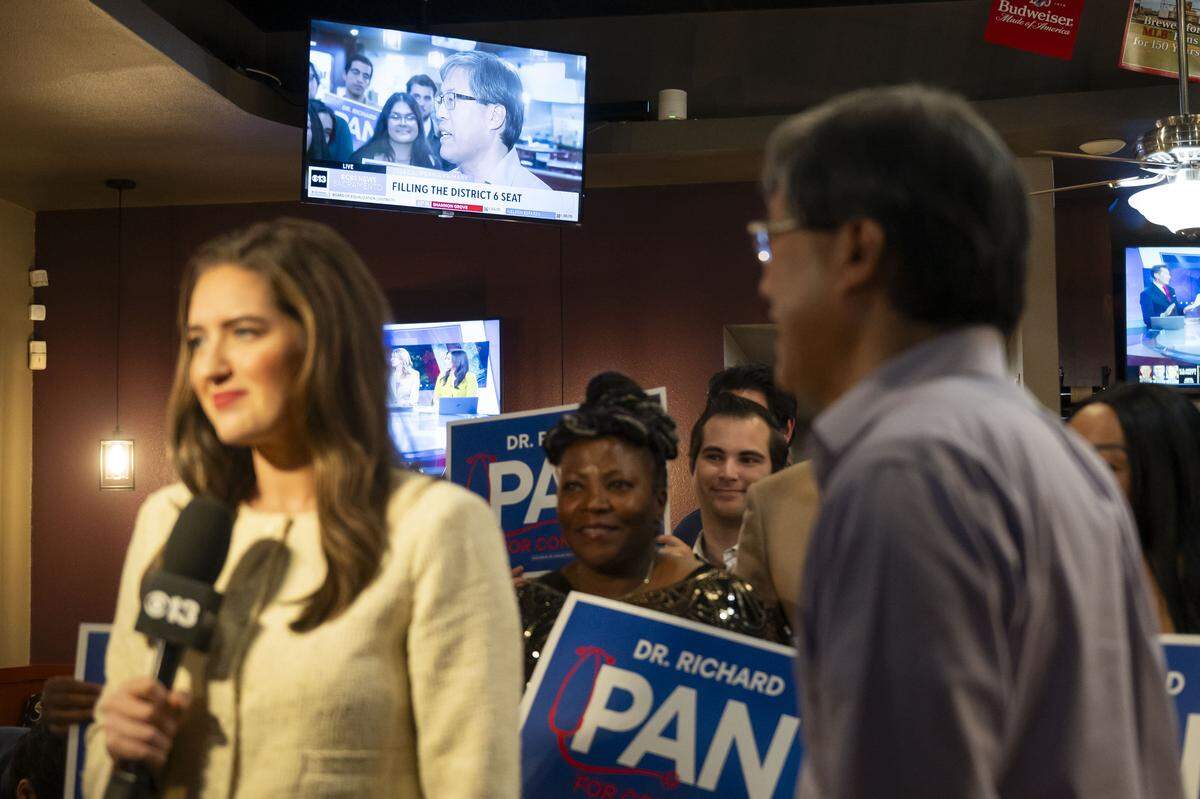 Former state Sen. Richard Pan, a candidate for the 6th Congressional District, and his supporters appear on an ABC 10 live shot during his election night party at Frends Brewhouse in South Natomas on Tuesday.