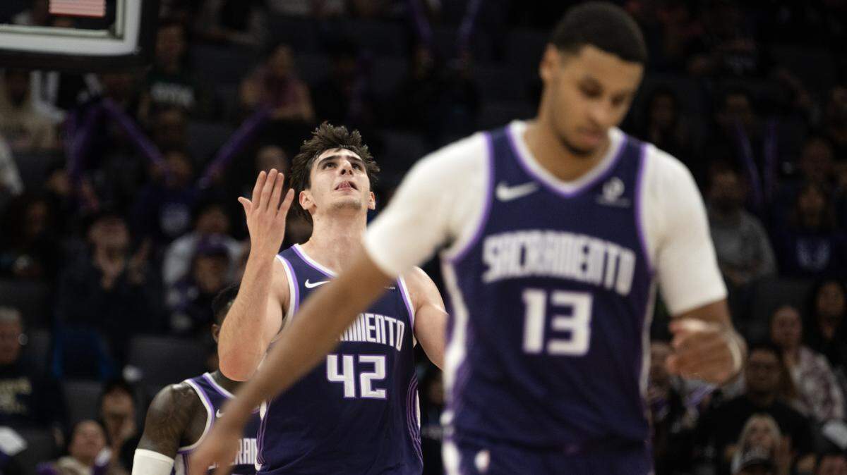 Sacramento Kings center Maxime Raynaud (42) looks up to the ceiling after a Kings turnover in the second half against the Portland Trail Blazers on Saturday at Golden 1 Center.