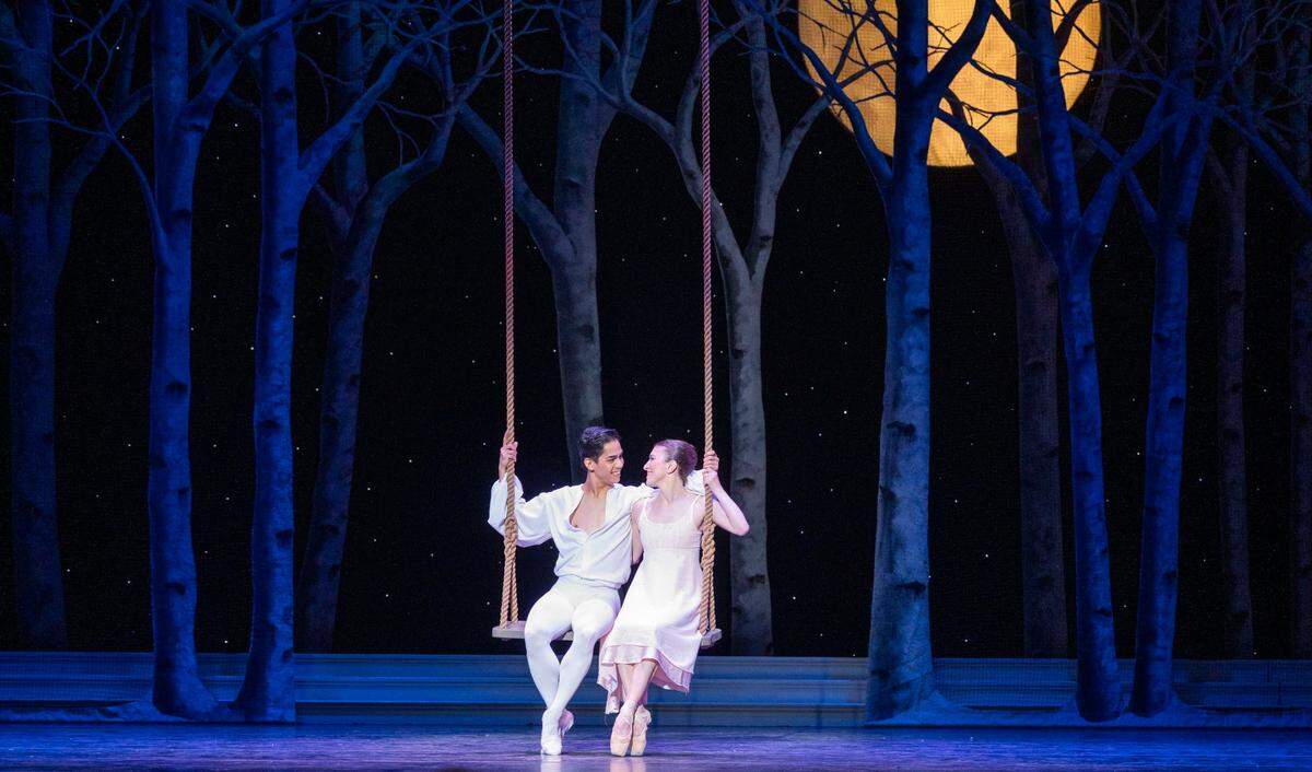 Prince Charming (Victor Maguad) and Cinderella (Michelle Katcher) swing together at the close of the ballet during a dress rehearsal Thursday, Feb. 15, 2024, at the SAFE Credit Union Performing Arts Center.