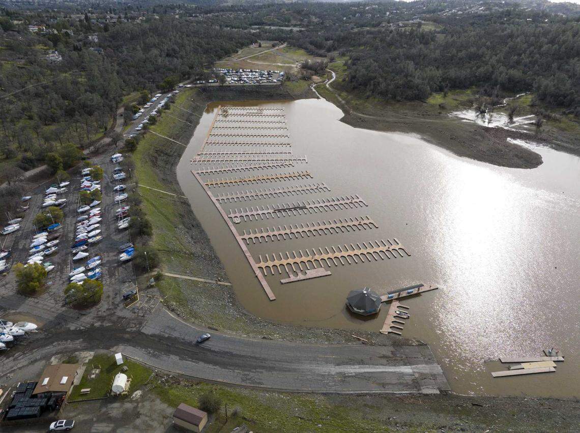 Lake level conditions at Browns Ravine Cove on the south shore of Folsom Lake in El Dorado County, California, on Jan. 6, 2023. On this date, the reservoir storage was 500,897 acre feet, 51% of the total capacity. Folsom Lake levels have increased since the storms that started around the beginning of the new year, but California officials say it is not as significant as 2017.