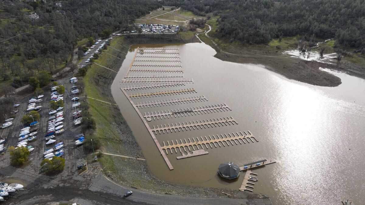 Lake level conditions at Browns Ravine Cove on the south shore of Folsom Lake in El Dorado County, California, on Jan. 6, 2023. On this date, the reservoir storage was 500,897 acre feet, 51% of the total capacity. Folsom Lake levels have increased since the storms that started around the beginning of the new year, but California officials say it is not as significant as 2017.