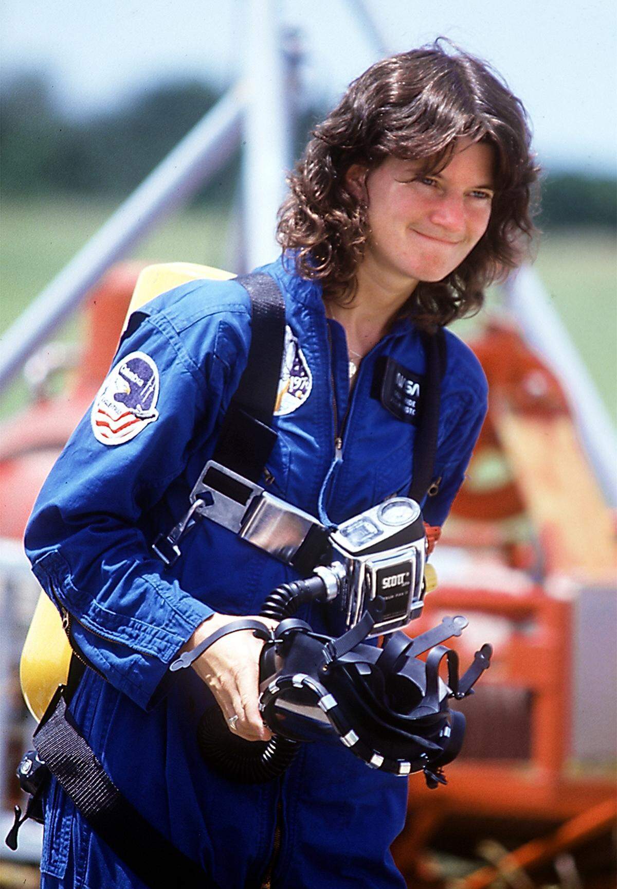 NASA astronaut Sally Ride participates in a training exercise before her first space shuttle launch in 1982.