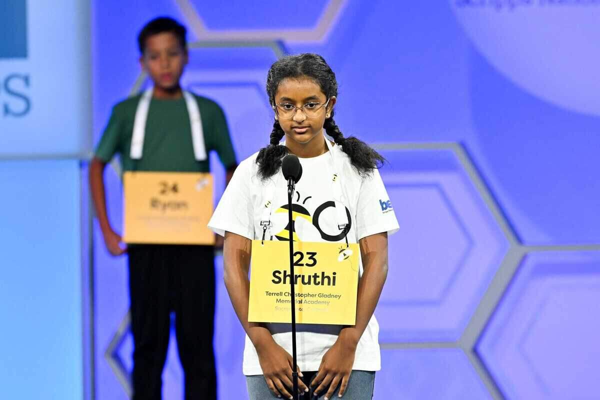 Shruthi Srinivasan, a sixth-grader at Rocklin Academy, competes Tuesday, May 27, 2025, in the 2025 Scripps National Spelling Bee in Oxon Hill, Md. She and fellow Sacramento-area competitor Ryan Sekera moved on to Wednesday’s quarterfinals.