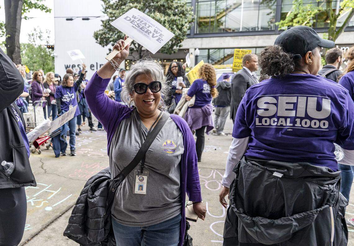 Monica Nepomuceno, a member of SEIU 1000, joins a rally against the return to office mandate for state workers at the CalHR building on Wednesday, April 22, 2026. 