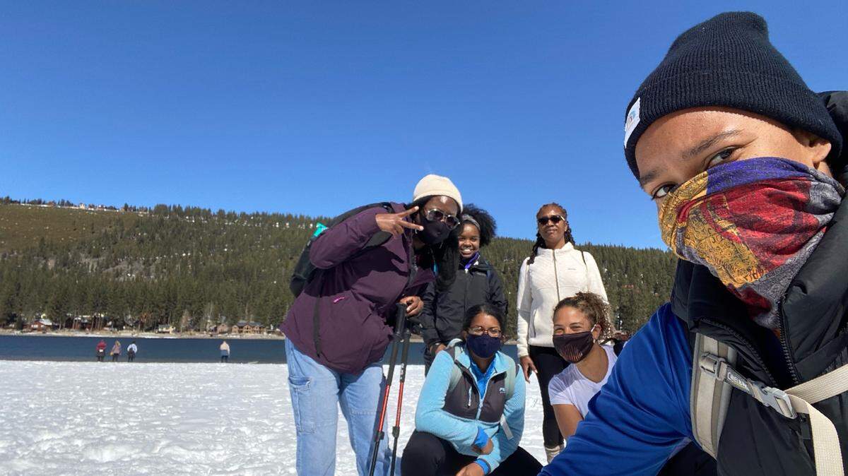 Amy Fletcher, right, with other Black Women Hike Sacramento hikers in March 2020 after their first snowshoe trip near Donner Lake.