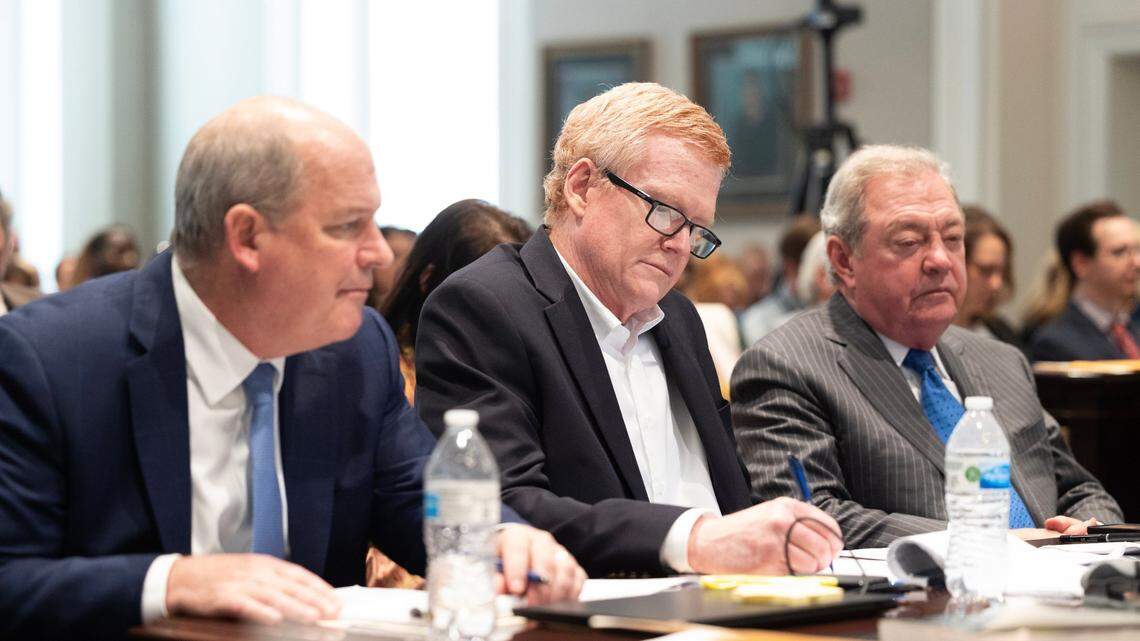 Alex Murdaugh and his legal team listen to prosecutor Creighton Waters as he makes closing arguments in Alex Murdaugh’s trial for murder at the Colleton County Courthouse on Wednesday.