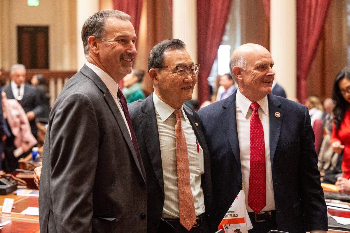 Former state Sen. Brian Dahle, left, attends the first day of the legislative session with new state Sen. Steve Choi, R-Irvine, center, and Sen. Kelly Seyarto, R-Murrieta, on Monday.