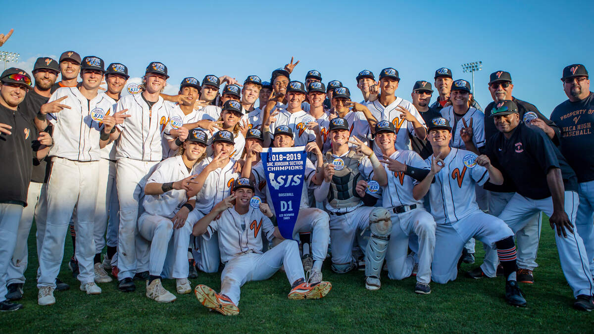 Vacaville celebrated with the Sac-Joaquin Section championship banner last spring. The team didn’t get to defend its title and go for a third straight this year because of the coronavirus pandemic.