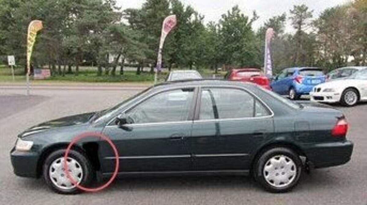 The suspect vehicle in an alleged robbery early Monday morning is described as an early 2000s Honda Accord with a dent in the front driver’s side wheel well.