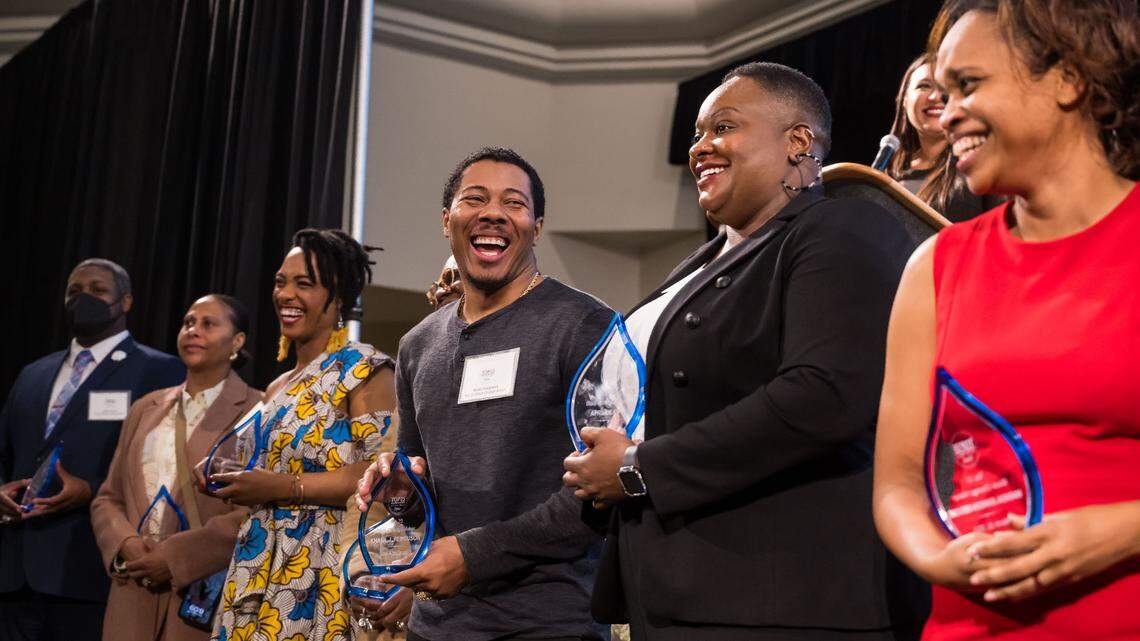 Some of The Sacramento Bee’s Black Change Makers chat while waiting to be be photographed after receiving their awards in March at an event honoring Black, Latino and Asian American Pacific Islander Change Makers at Sacramento State.