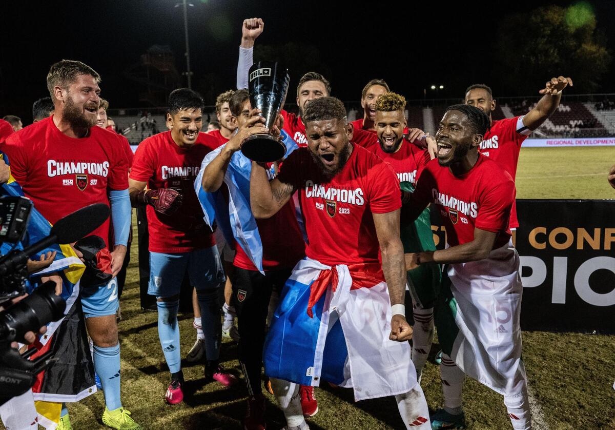 Phoenix Rising FC midfielder C. Harvey (67) celebrates with teammates after a 2-1 victory against the Sacramento Republic FC during the USL Western Conference finals on Saturday, Nov. 4, 2023, at Heart Health Park in Sacramento.