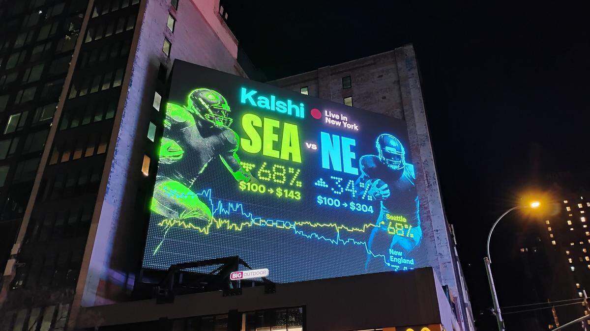 Prediction market site Kalshi is advertised on a billboard at 42nd Street and 8th Avenue in Manhattan, Feb. 5, 2026, in New York City.