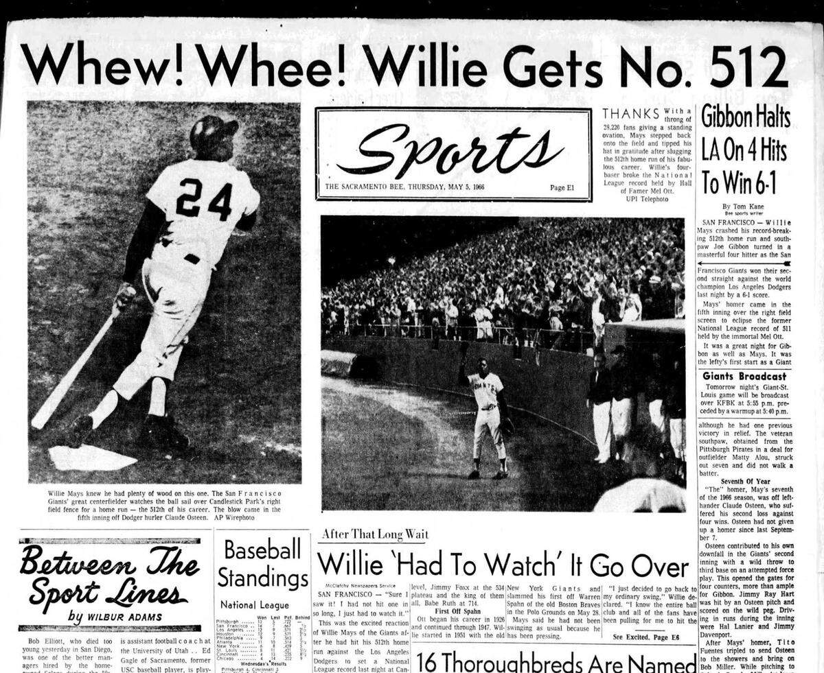 The sports cover of The Sacramento Bee on Thursday, May 5, 1966, the day after Giants slugger Willie Mays hit his 512th home run in a game against the Los Angeles Dodgers. Mays, widely considered the greatest baseball player of all time, hit 660 home runs in a career that spanned more than two decades. The Hall of Famer center fielder and a slugging icon died Tuesday, June 18, 2024, at the age of 93, the Giants organization announced.
