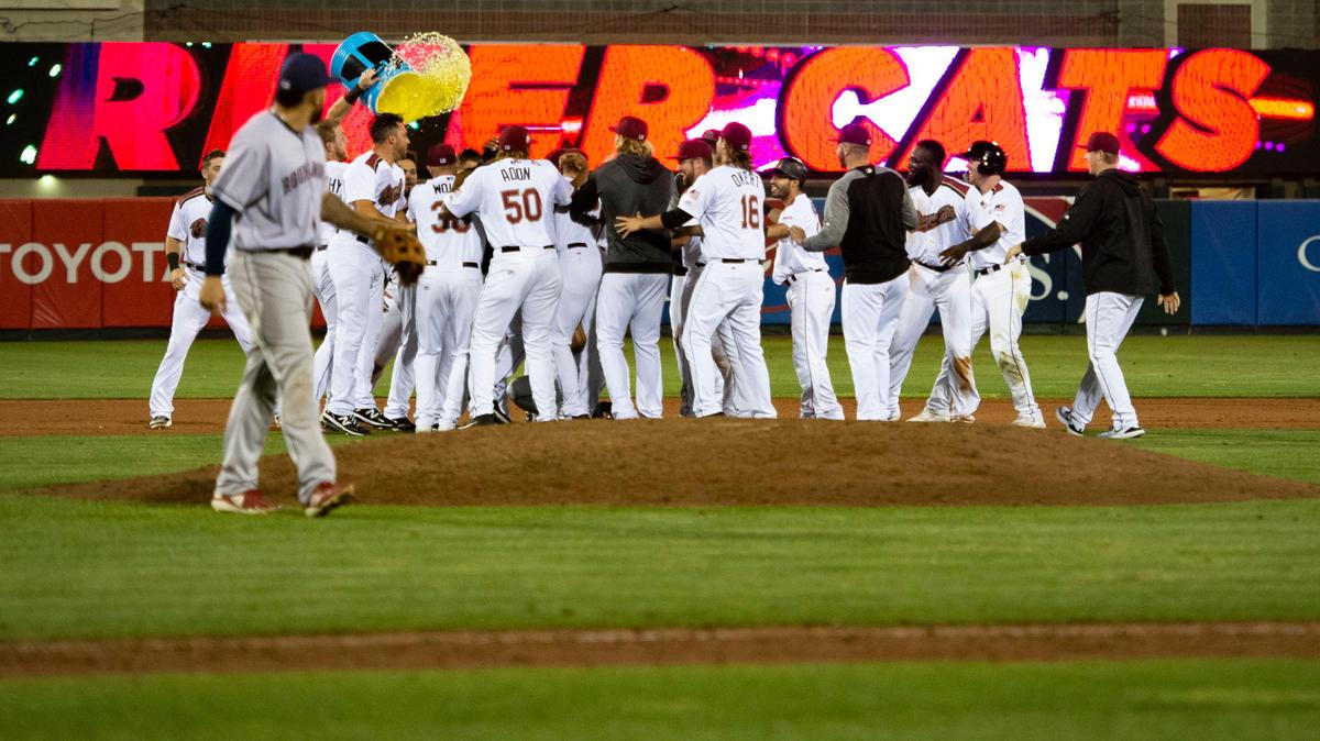 The Sacramento River Cats celebrate their 8-7 win over the Round Rock Express Tuesday, Sept. 10, 2019, after Game one of the PCL Championship at Raley Field.