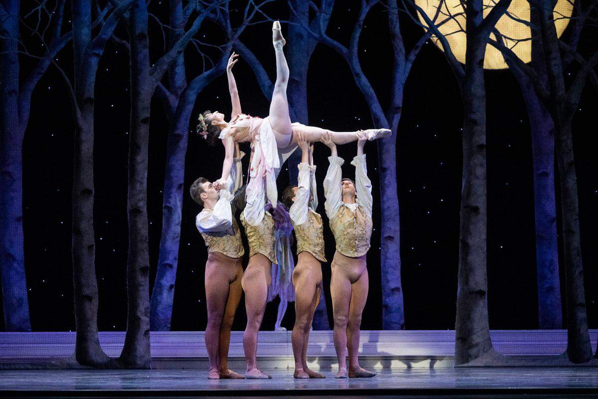Isabella Velasquez is raised during a scene with fairies when Cinderella is transformed by her fairy godmother during a Sacramento Ballet dress rehearsal of Cinderella on Thursday, Feb. 15, 2024.