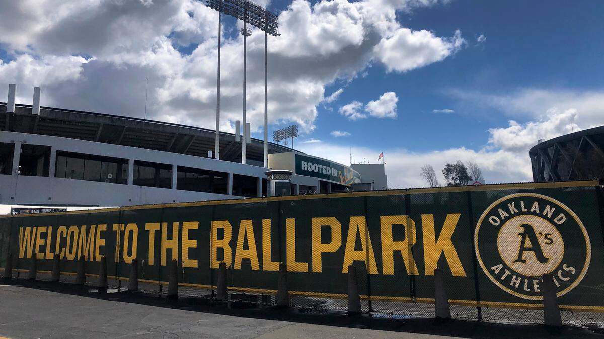 This March 25, 2020, file photo shows a banner to welcome to fans at the RingCentral Coliseum in Oakland, Calif.