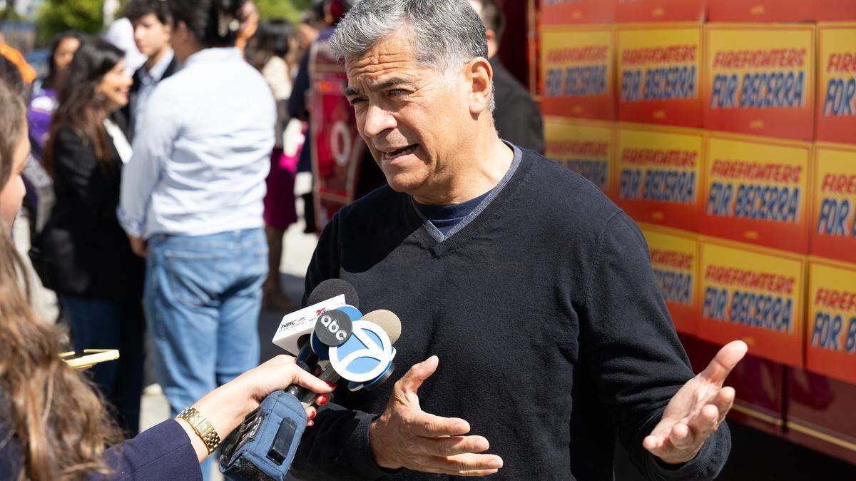 SAN FRANCISCO, CALIFORNIA - MAY 26: California gubernatorial candidate Xavier Becerra speaks with the media at an event while campaigning on May 26, 2026 in San Francisco, California. Becerra is the former United States Secretary of Health and Human Services and is running as a democratic candidate for governor. California's statewide election is on June 2. (Photo by Benjamin Fanjoy/Getty Images)