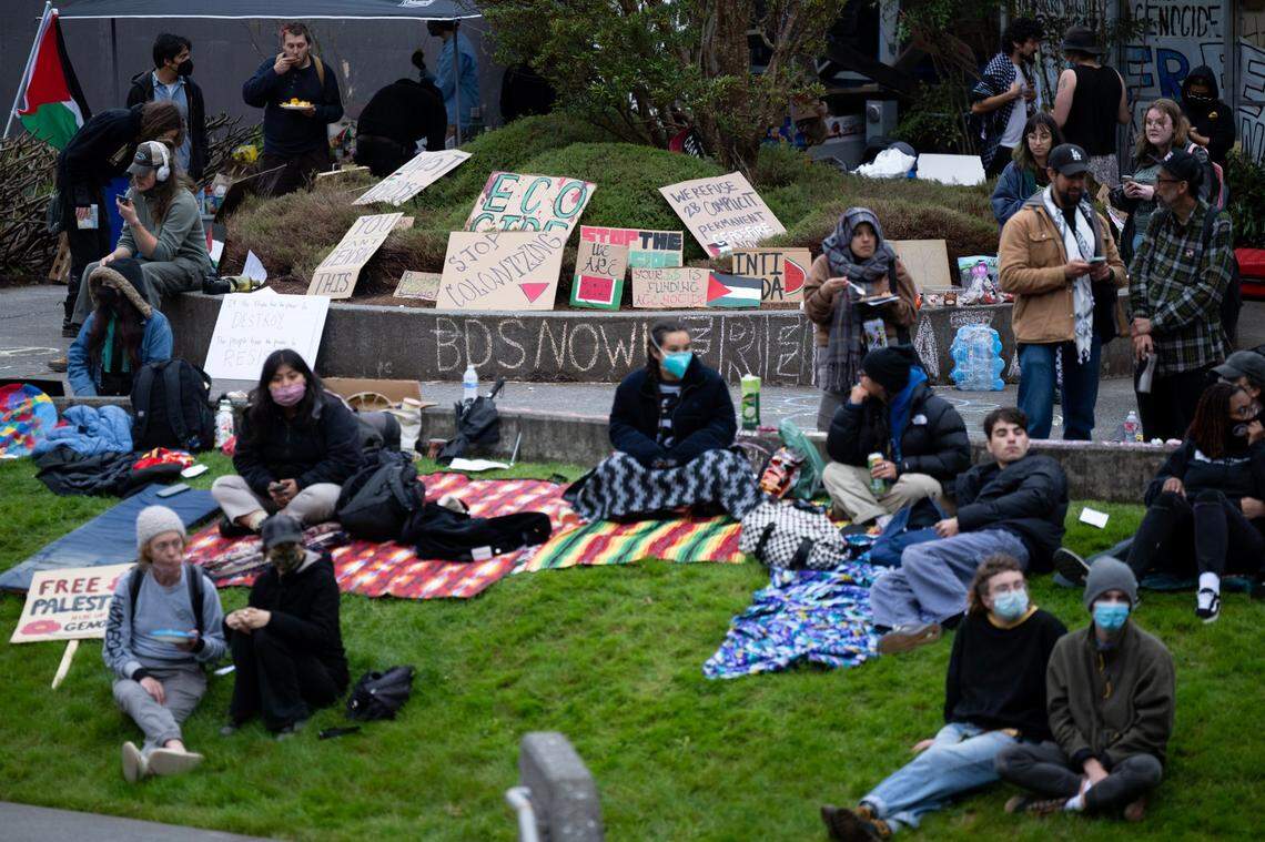 Students and community members gather on the quad at Cal Poly Humboldt in Arcata on Tuesday, April 23, 2024, to support pro-Palestinian demonstrators who have barricaded themselves inside Siemens Hall.