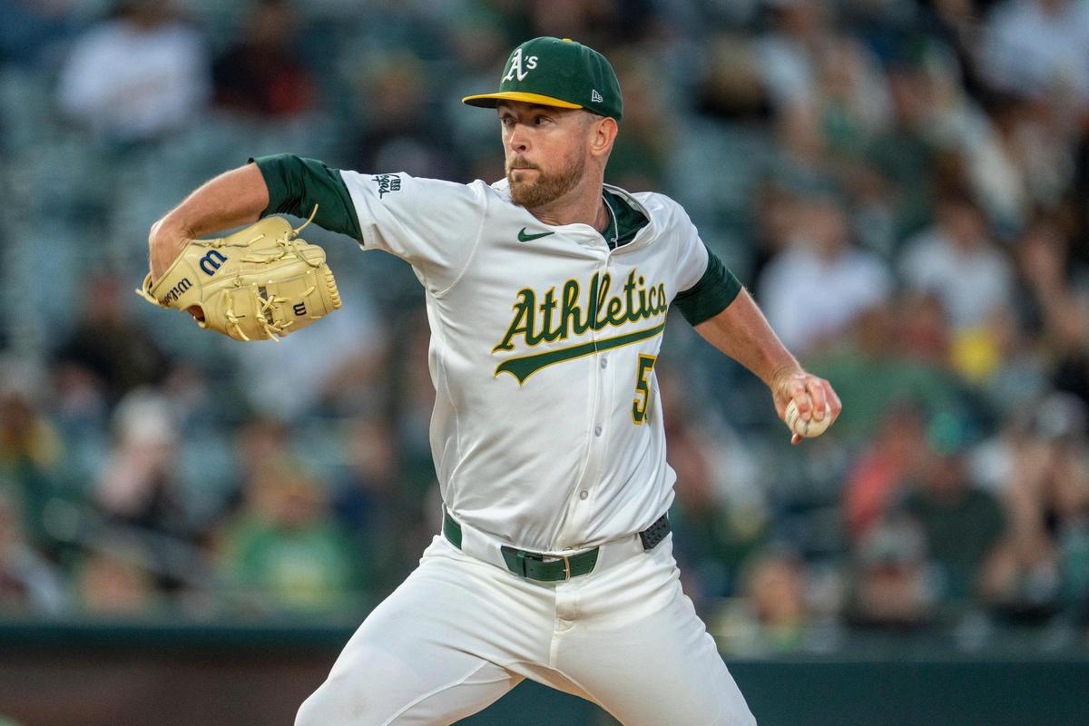 Athletics pitcher Jeffrey Springs (59) throws a pitch during a baseball game against the Cleveland Guardians at Sutter Health Park on Friday.