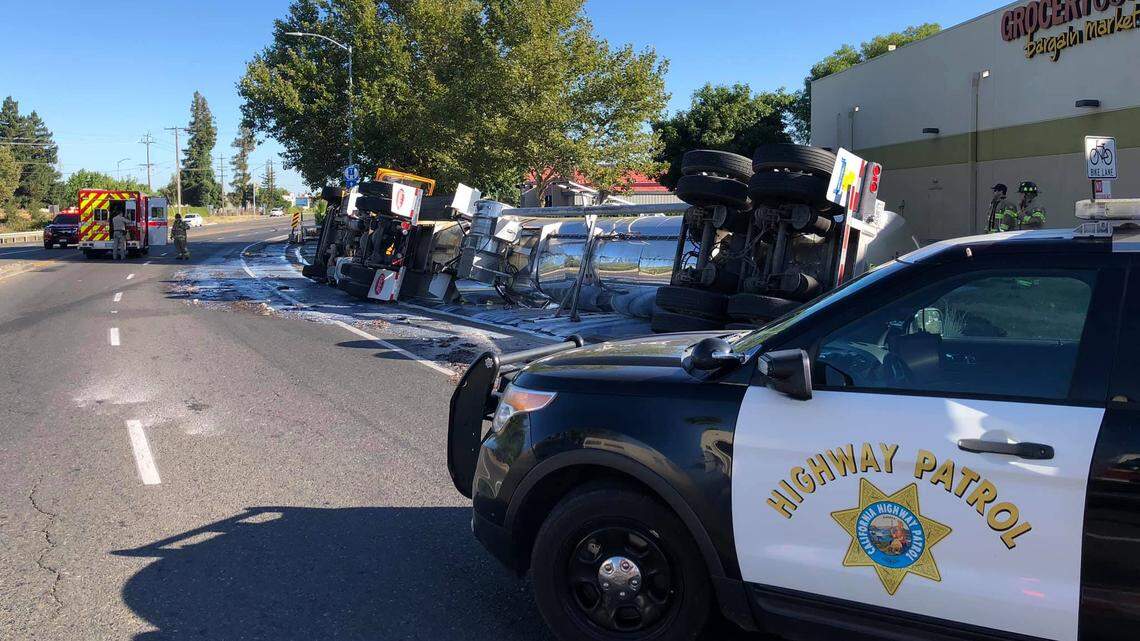 A tanker truck carrying milk overturned in south Sacramento, blocking northbound lanes of Stockton Boulevard near ramps to Highway 99, the California Highway Patrol said Wednesday.