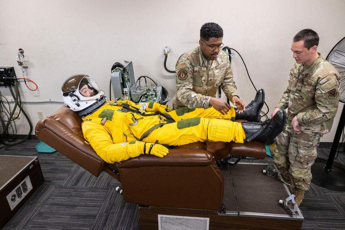 Capt. Blitz is suited up for a flight in a U-2 Dragon Lady reconnaissance aircraft earlier this month. The pressure suit will protect him as he flies more than 60,000 feet above the ground.