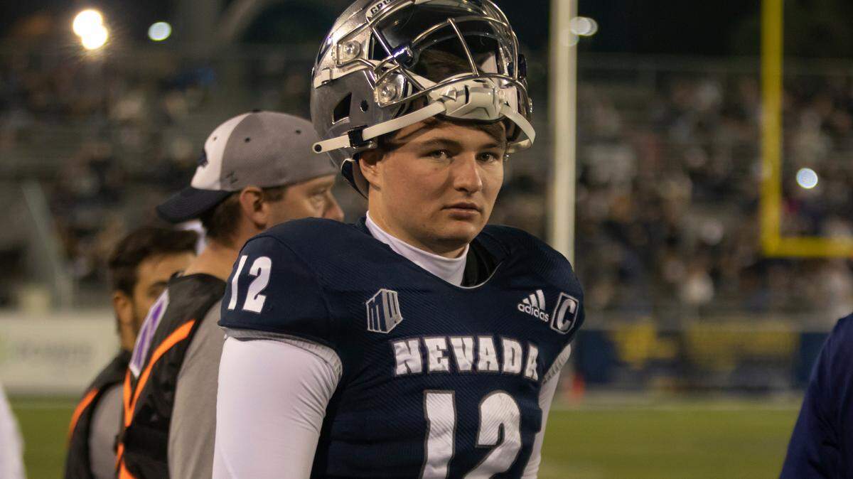 Nevada quarterback Carson Strong stands on the sidelines during a game against UNLV on Friday, Oct. 29, 2021.