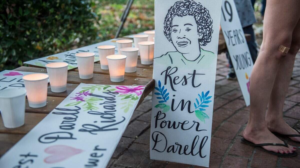 A drawing of Darell Richards rest on a poster on Friday, September 7, 2018 a day after he was shot to death by Sacramento Police SWAT team members after he was seen pointing gun on Broadway Ave.. The gun turned out to be a pellet gun.