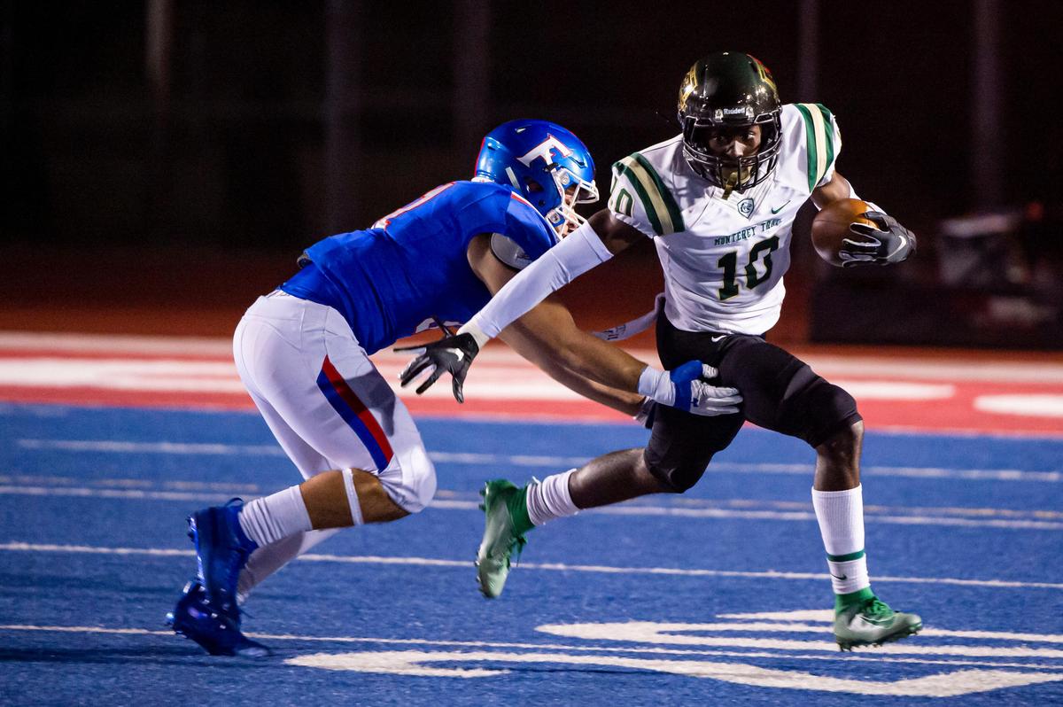 Monterery Trail Mustangs Prophet Brown (10), runs with the ball as the Folsom High School Bulldogs host the Monterery Trail Mustangs in their play off game Friday, November 22, 2019.
