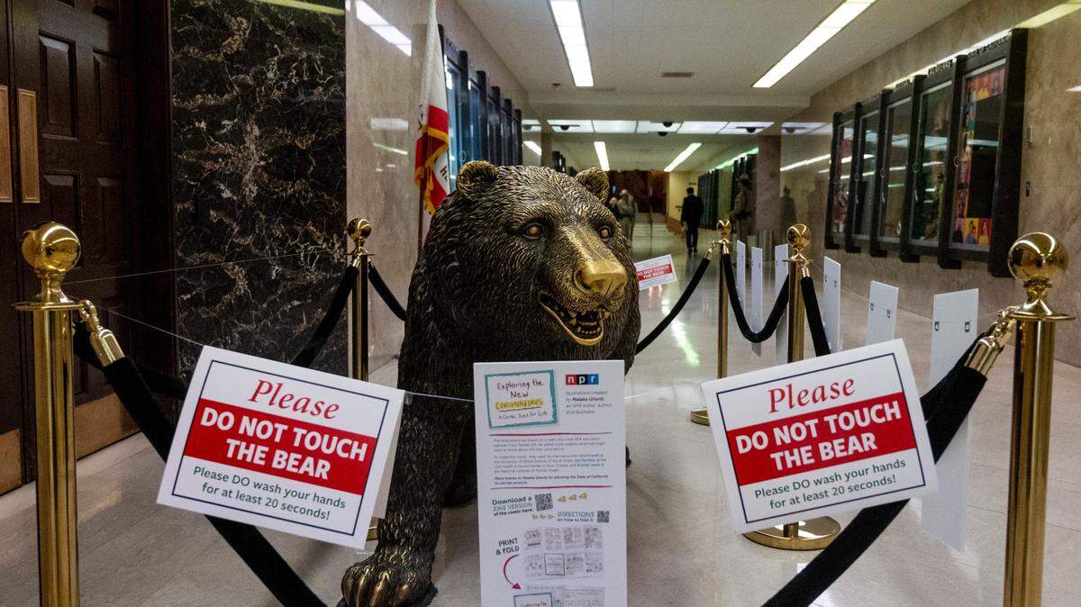 The California state bear at the entrance to the governor’s office in Sacramento warns visitors not to touch it and reminds them to wash their hands at the state Capitol in 2020. The bronze statue, dubbed “Bacteria Bear,” has been relocated from its familiar perch outside of the California governor’s office in the state Capitol annex.