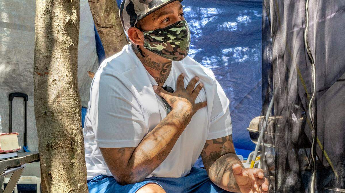 Homeless camper Joseph de la Cruz explains the impact of having to move from his encampment in Elk Grove in July.