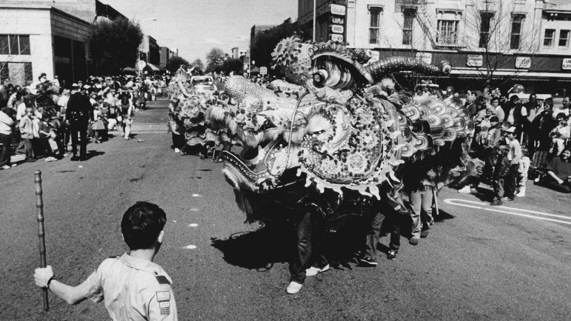 A dragon winds its way through downtown Marysville in the city’s 103rd annual Bok Kai Parade in 1983. According to members of the city’s Chinese community, it has never rained on the parade.