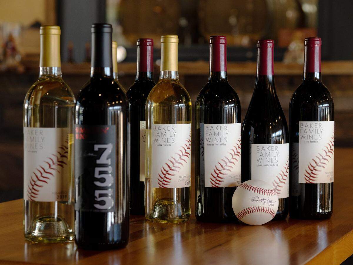 A selection of Baker Family Wines produced by winemaker Chik Brenneman is assembled in the West Sacramento tasting room.