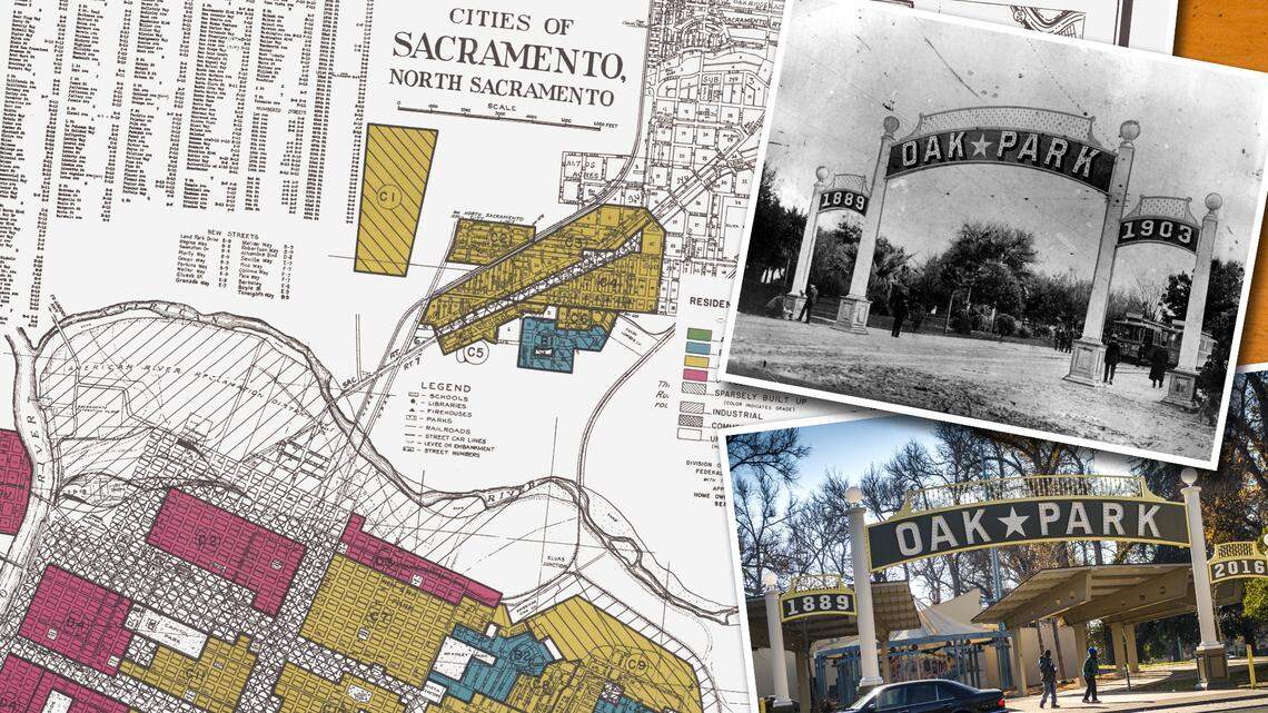 The original and rebuilt Oak Park arches at McClatchy Park in Sacramento rest on a 1937 map created by the Home Owners Loan Corporation that classifies the desirability of the city’s residential neighborhoods by their racial and ethnic composition.