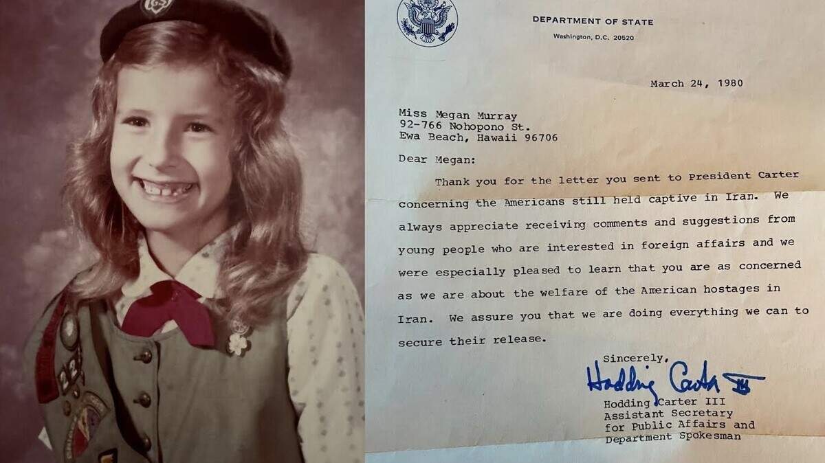 The author as a young girl and a letter she received from President Jimmy Carter’s State Department spokesperson, Hodding Carter III.