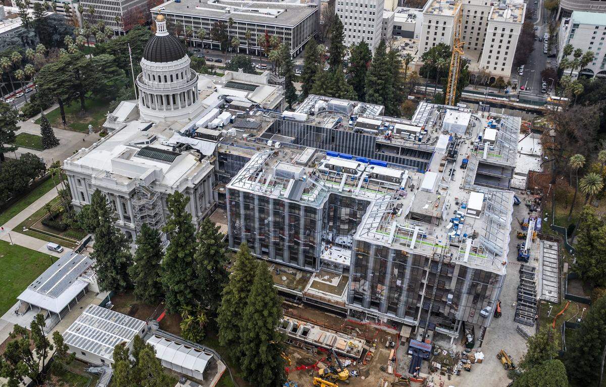 A view of the progress on the Capitol Annex construction project on Tuesday. According to the California Legislature Joint Committee on Rules, the project is 50% complete as of December 2025.