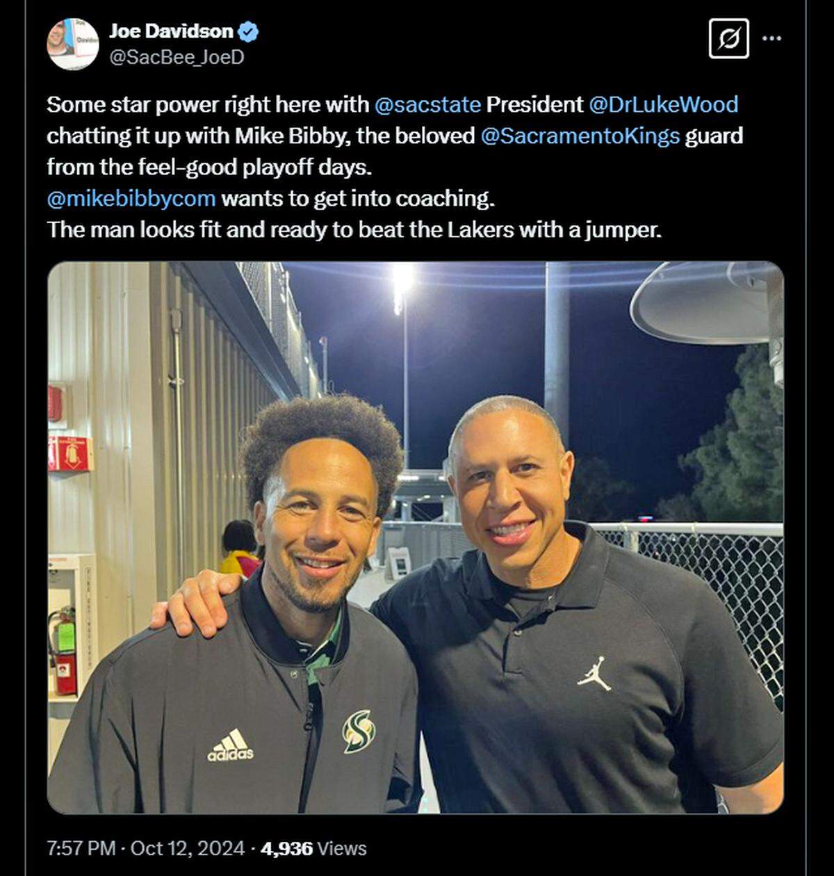 Luke Wood and Mike Bibby connected at an Oct. 12, 2024 Sac State Hornets football game.