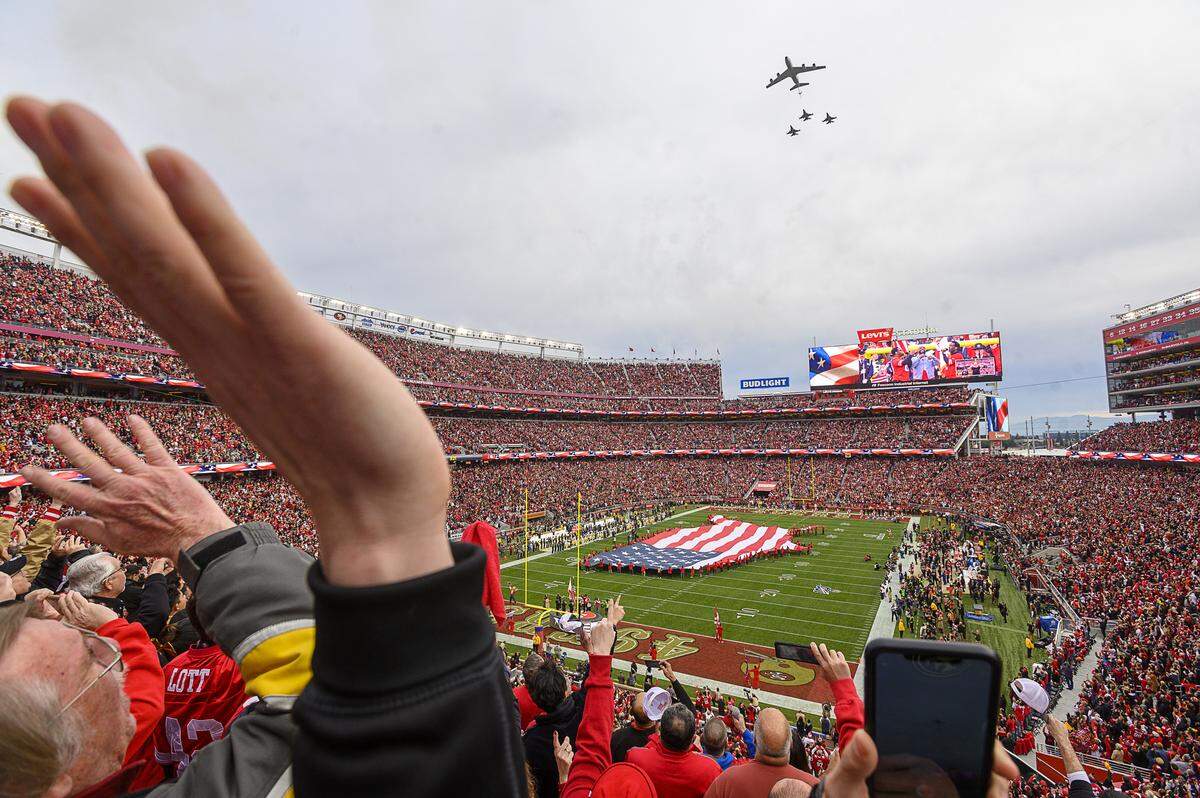 San Francisco 49ers fans watch the pregame ceremonies before the NFC Championship game at Levi’s Stadium on Sunday, Jan. 19, 2020 in Santa Clara. The 49ers home base will host Super Bowl LX, featuring the Seattle Seahawks and New England Patriots, on Feb. 8, 2026.