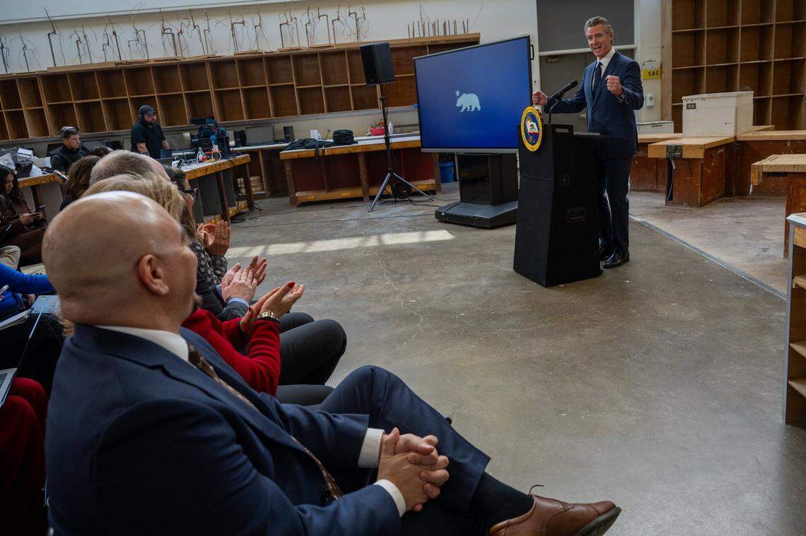 Gov. Gavin Newsom spoke at a California Jobs First press conference at California State University Stanislaus in Turlock on Monday where he proposes a $322.2 billion spending plan.