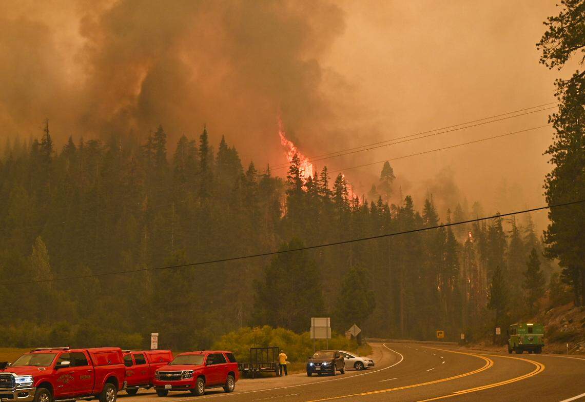 The Caldor Fire burns high in the trees near Camp Sacramento along Highway 50 on Sunday, Aug. 29, 2021.