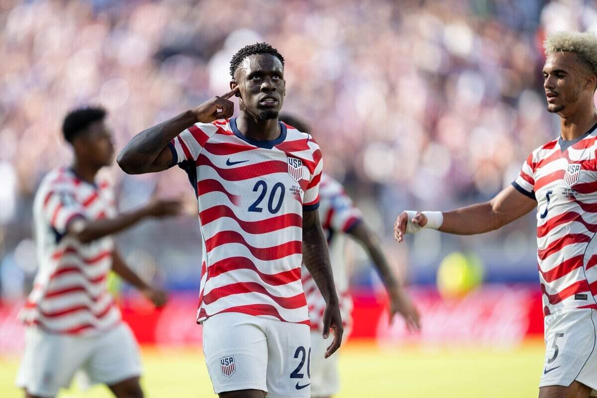 USA forward Folarin Balogun (20) celebrates after scoring a goal against Bosnia-Herzegovina in a FIFA World Cup 2026 Round of 32 match at Levi's Stadium in Santa Clara on Wednesday.