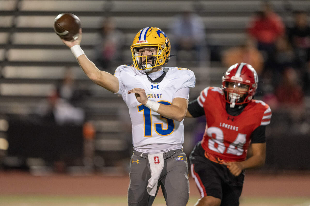 The Grant Pacers' Blake Nycum (13) throws a screen pass as the Cordova Lancers' Masiyah Mejia (34) pursues on Thursday in Rancho Cordova. The Pacers are the No. 3 seed in Division I.