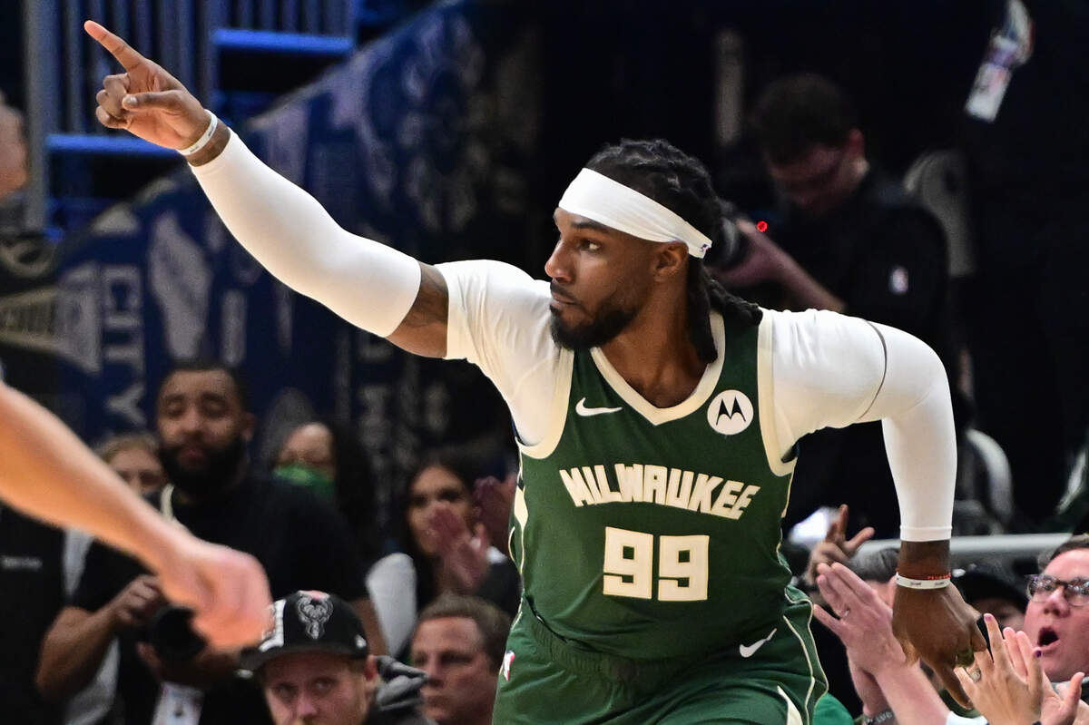 Milwaukee Bucks forward Jae Crowder (99) reacts after scoring a basket against the Indiana Pacers during Game 1 of their first-round playoff series in April at Fiserv Forum in Milwaukee.