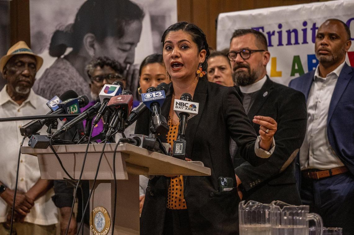 Gabby Trejo, executive director of Sacramento ACT, speaks on Tuesday, June 6, 2023, at a press conference at Trinity Episcopal Cathedral in midtown about the arrival of 36 migrants via two mysterious plane flights to the city in the past four days. She joined local and state leaders and members of the faith community in speaking about how the Sacramento community to help the unexpected arrivals.